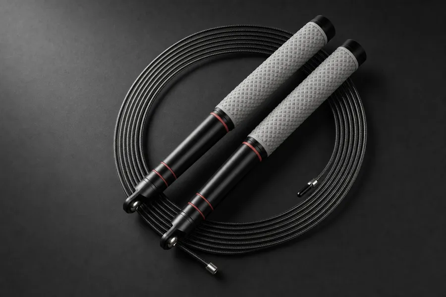 Close-up of the assembled Ironpace weighted jump rope handles with anti-slip knurled grip